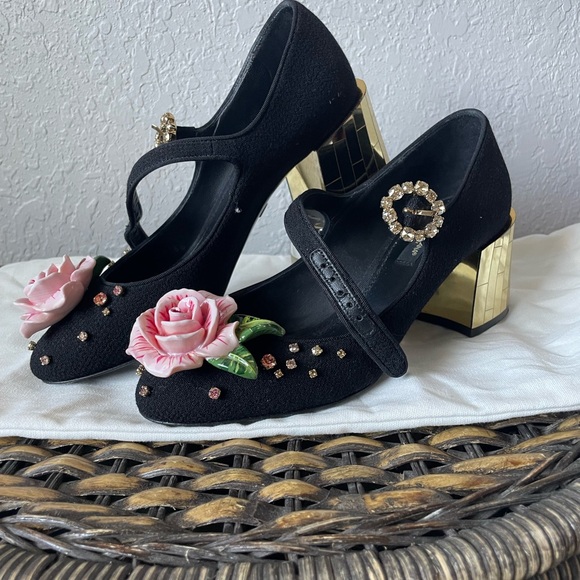 Authentic DOLCE & GABBANA Crystal Rose Brooch Heels Mary Jane Pumps—Size 36 - Picture 2 of 9